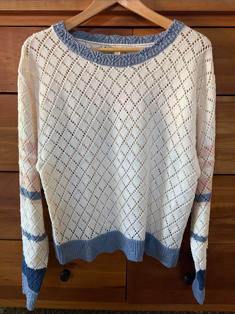 Hem & Thread Cream Open-Knit Crewneck Sweater with Blue Trim
